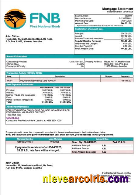 Lesotho First National Bank Lesotho mortgage statement Word and PDF template